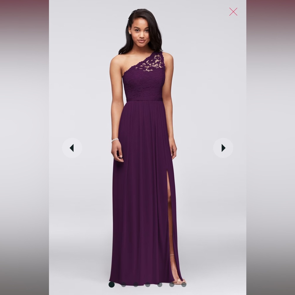Plum, One Shoulder Lace Bridesmaid Dress, David’s Bridal